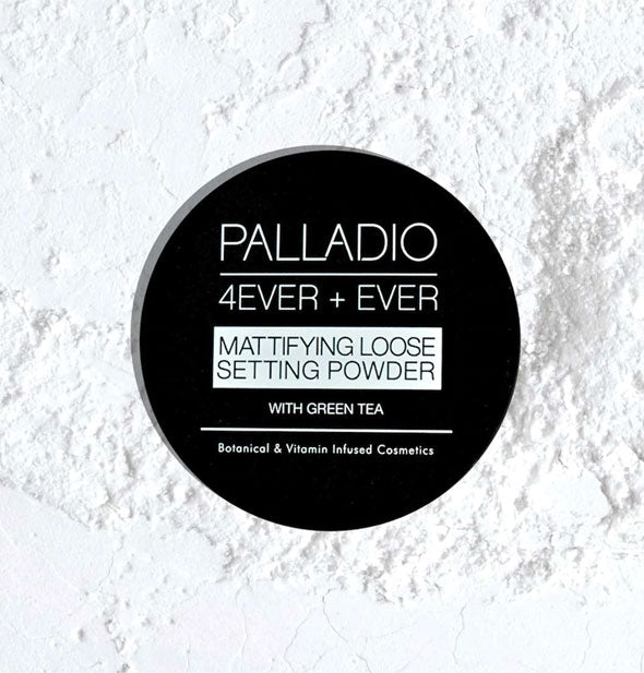 Palladio 4Ever + Ever Mattifying Loose Setting Powder compact sits on top of loose product