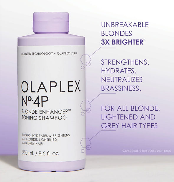 Bottle of 8.5 ounce bottle of Olaplex No. 4P Blonde Enhancer Toning Shampoo is labeled with its key benefits