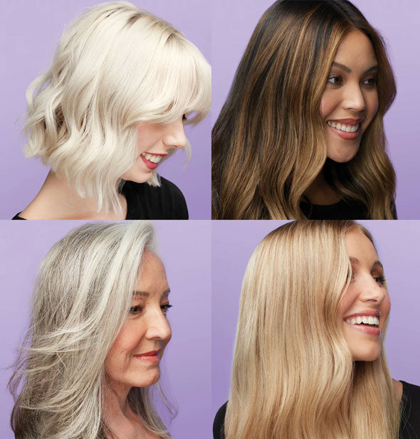 Four models with highlighted, blonde, and silver shades of hair