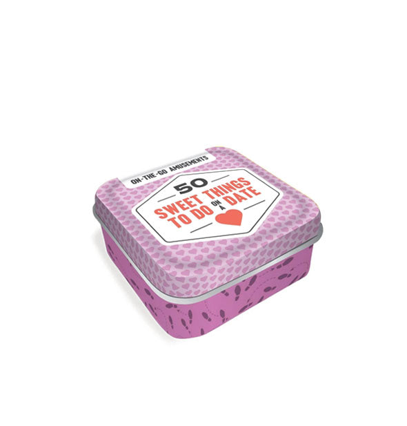 50 Sweet Things to Do on a Date On-The-Go Amusements card tin with hearts and footsteps prints