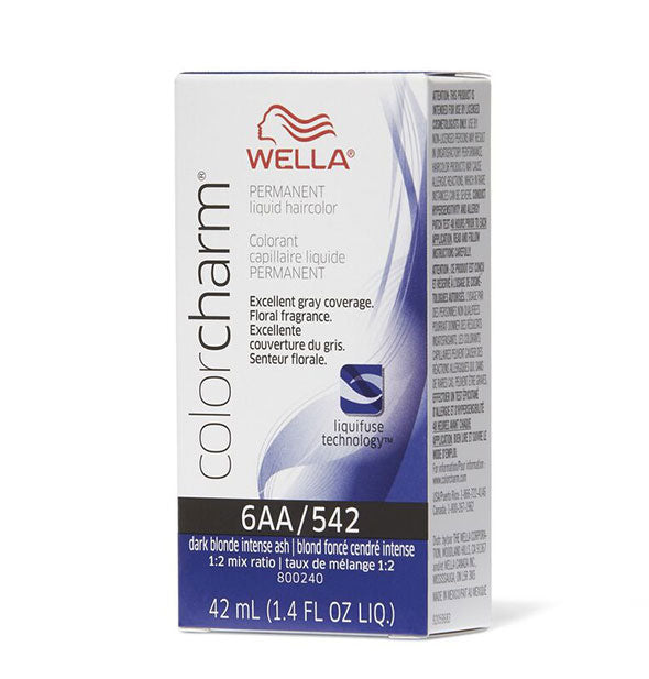 Box of Wella ColorCharm Permanent Liquid Hair Color in shade 6AA/542 Dark Blonde Intense Ash