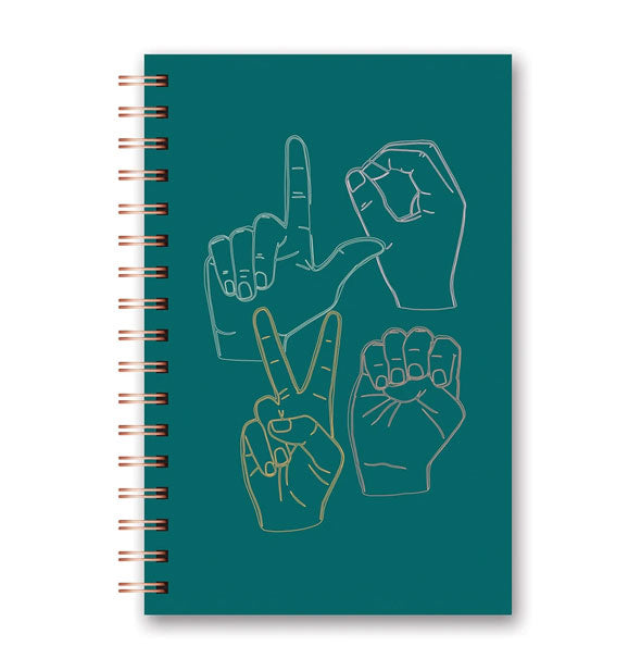 Teal notebook cover with gold spiral binding and illustrations of hands spelling "Love" in American Sign Language