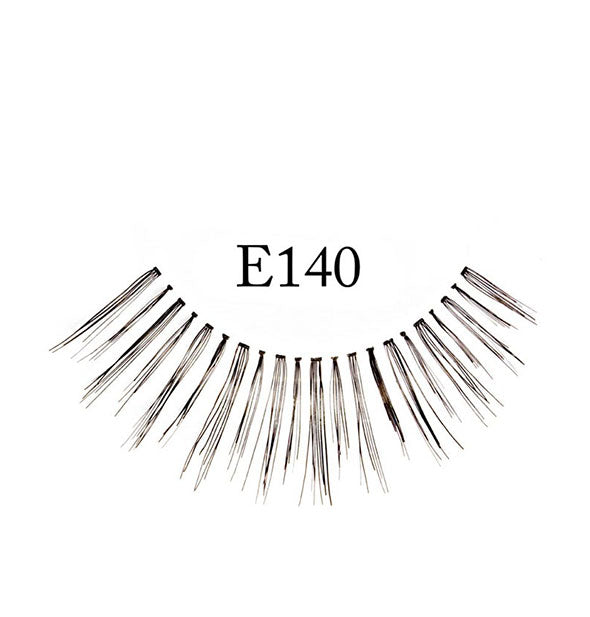 A false eyelash strip with close intermittent spacing and fiber length is labeled, "E140."