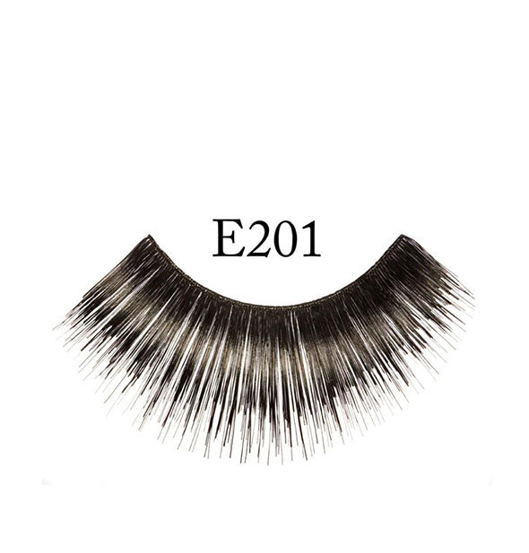 A false eyelash strip with dense fibers in feathered shape is labeled, "E201."