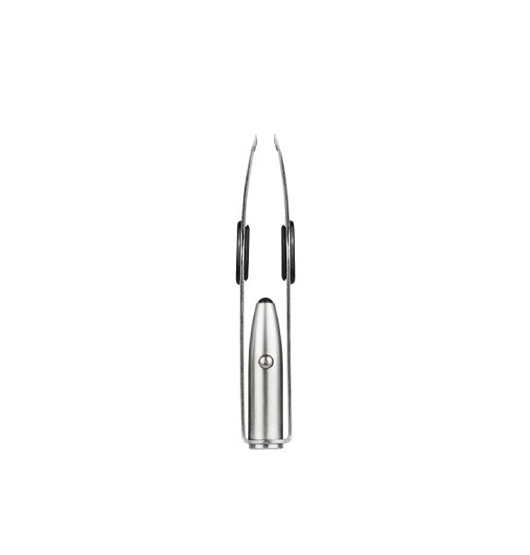 Stainless steel tweezer with black side grips and central built-in light