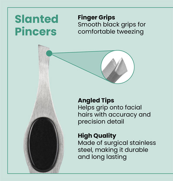 Closeup of LED tweezer tips is labeled, "Slanted Pincers" with Finger Grips, Angled Tips, and High Quality features outlined