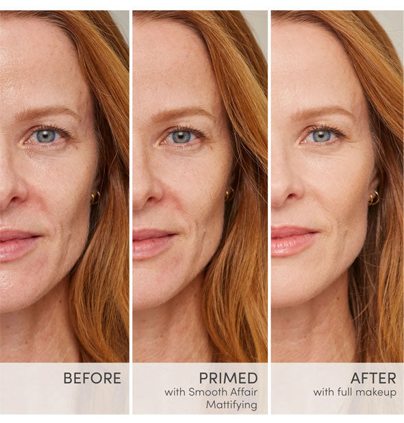 Model's skin before priming with Jane Iredale Smooth Affair Mattifying Primer, with primer applied, and after a full makeup application
