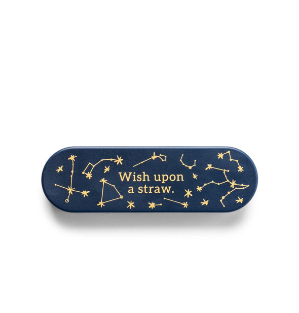 Navy blue case with rounded ends and metallic gold foil words that say, "Wish upon a straw" surrounded by constellation print