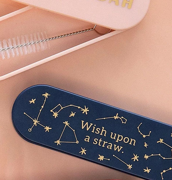 Blue and gold "Wish Upon a Straw" case on pink background next to a pink case with brush cleaner inside
