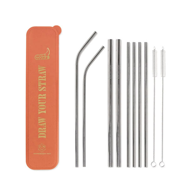 11-piece reusable straw set includes eight stainless steel straws in three different sizes, two wire brush cleaners, and a rectangular orange case that says, "Draw Your Straw" in metallic gold lettering with a cowboy boot graphic