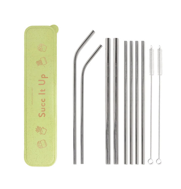 11-piece reusable straw set includes eight stainless steel straws in three different sizes, two wire cleaning brushes, and a rectangular lime green case that says, "Succ It Up" in gold lettering with houseplant graphics