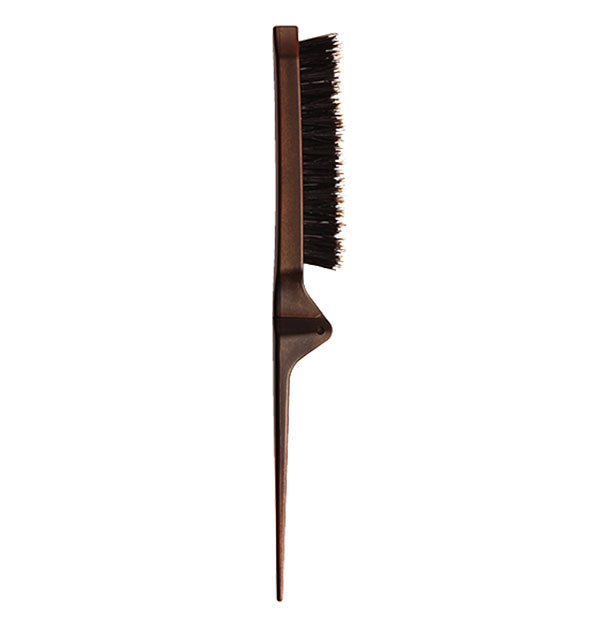 Brown teasing brush with dense bristles and grip bump in the center