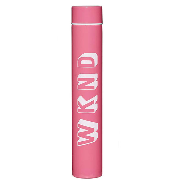 Pink cylindrical WKND bottle flask with white lettering
