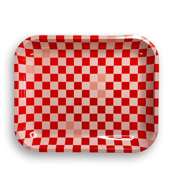 Rectangular tray with rounded corners features all-over red and pink checkered print