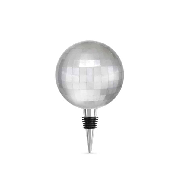 Mirrored disco ball bottle stopper with metal and ribbed black silicone base