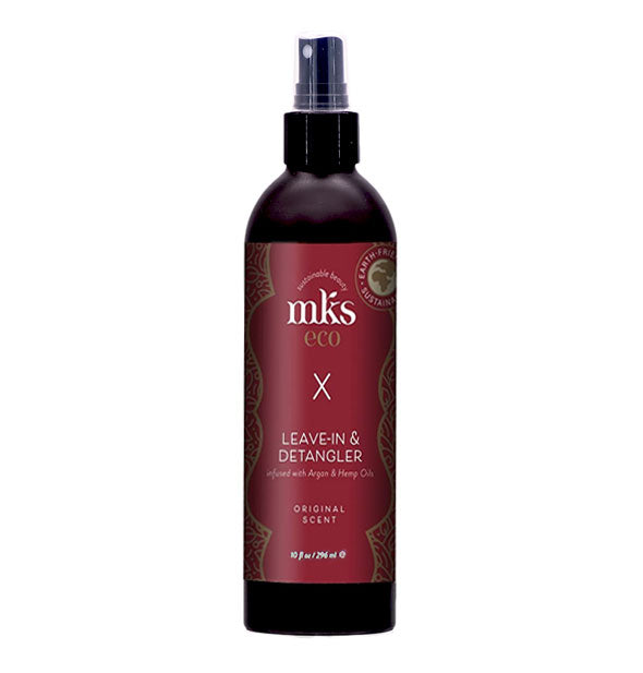 Brown 10 ounce bottle of MKS eco X Leave-In & Detangler with red label