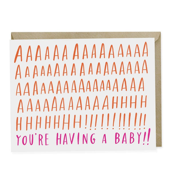 White greeting card with orange and purple lettering that says, "Aaaaahh!! You're Having a Baby!!"