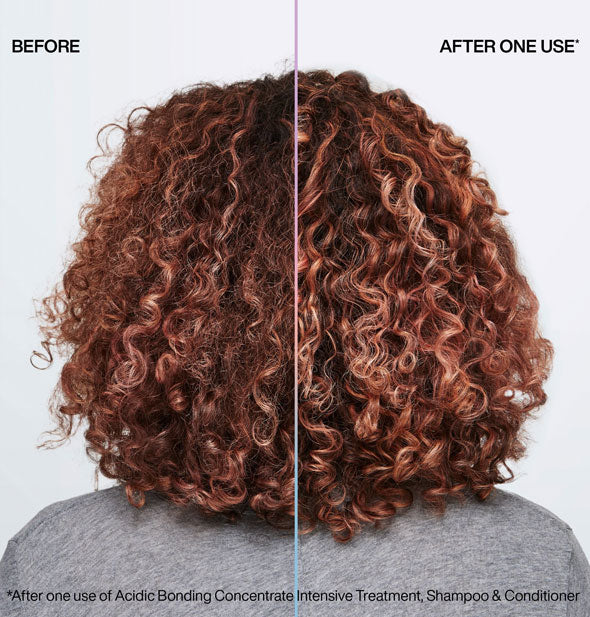 Model's hair before and after one use of Redken Acidic Bonding Concentrate Intensive Treatment, Shampoo, and Conditioner