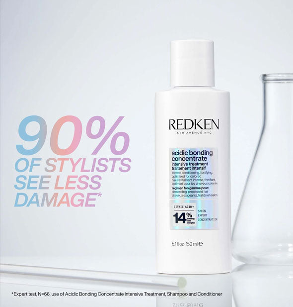 Bottle of Redken Acidic Bonding Concentrate Intensive Treatment is captioned, "90% of stylist see less damage"