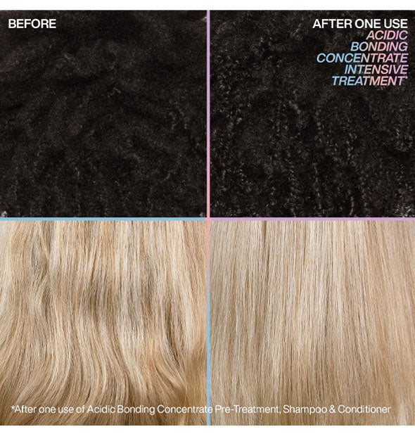 Two models' hair before and after one use of Redken Acidic Bonding Concentrate Intensive Treatment, Shampoo, and Conditioner