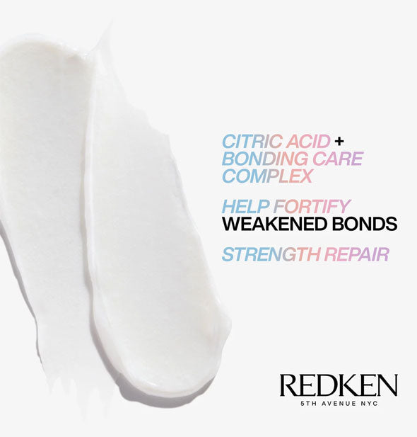 Sample swabs of Redken Acidic Bonding Concentrate Conditioner are captioned, "Citric Acid + Bonding Care Complex help fortify weakened bonds; Strength repair"