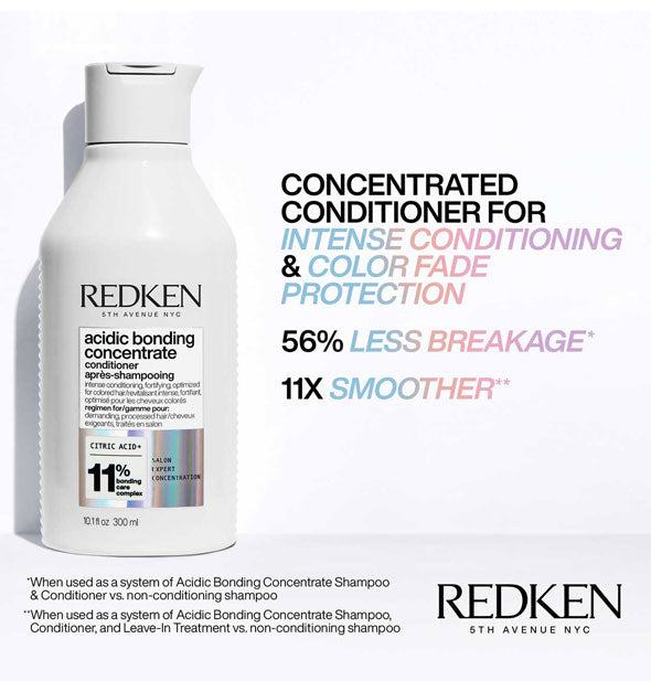 Bottle of Redken Acidic Bonding Concentrate Conditioner is labeled, "Concentrated conditioner for intense conditioning & color fade protection; 56% less breakage; 11X smoother"