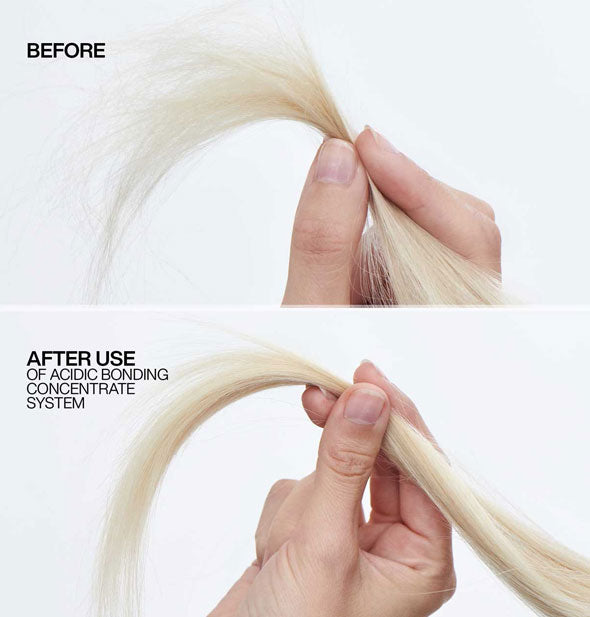 Model's hand holds out a section of hair before and after use of Redken Acidic Bonding Concentrate System
