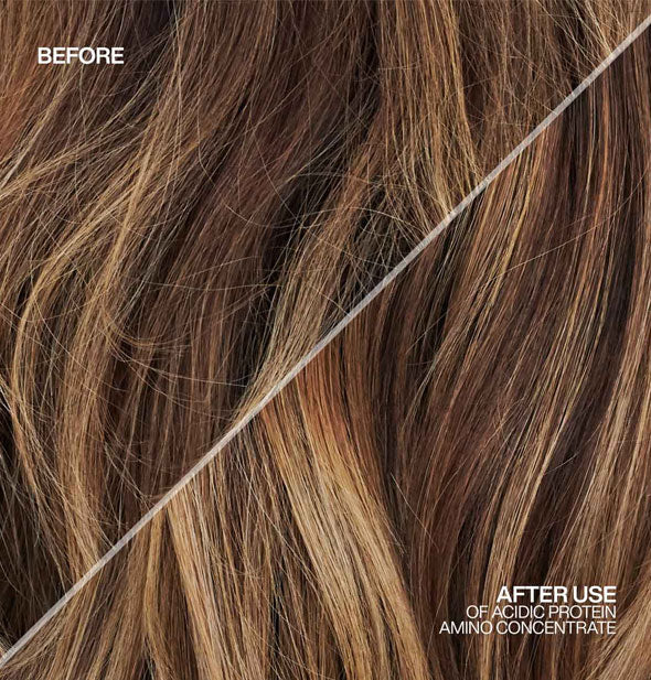 Closeups of damaged and healthy-looking hair are captioned, "Before" and "After use of Acidic Protein Amino Concentrate"