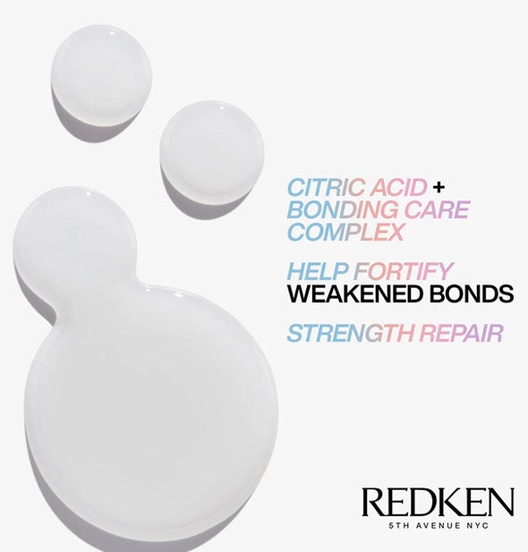 Droplets of Redken Acidic Bonding Concentrate shampoo are captioned, "Citric Acid + Bonding Care Complex help fortify weakened bonds; Strength repair"