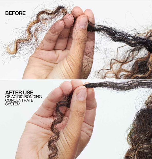 Model stretches out a coil of hair both before and after use of Redken Acidic Bonding Concentrate System
