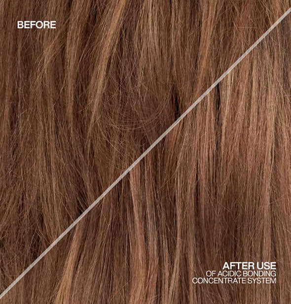 Closeup of a model's hair before and after one use of Redken Acidic Bonding Concentrate System