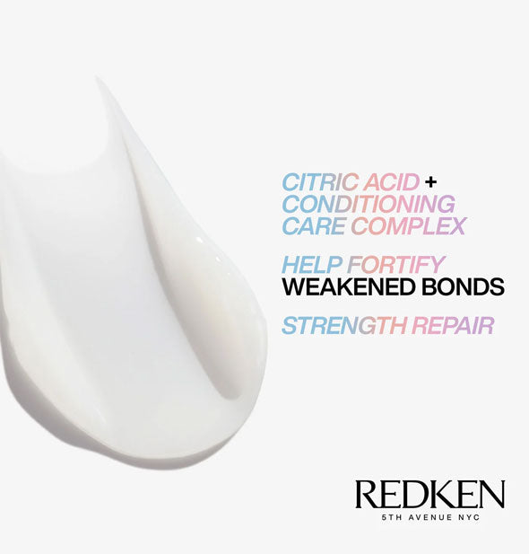 Sample swabbing of Redken Acidic Perfecting Concentrate Leave-In Treatment is captioned, "Citric Acid + Conditioning Care Complex help fortify weakened bonds; Strength repair"
