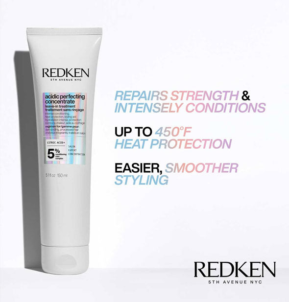 Bottle of Redken Acidic Perfecting Concentrate Leave-In Treatment is captioned, "Repairs strength & intensely conditions; Up to 450°F heat protection; Easier, smoother styling"