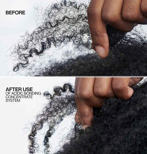 Closeup of hair before and after use of Redken Acidic Bonding Concentrate System
