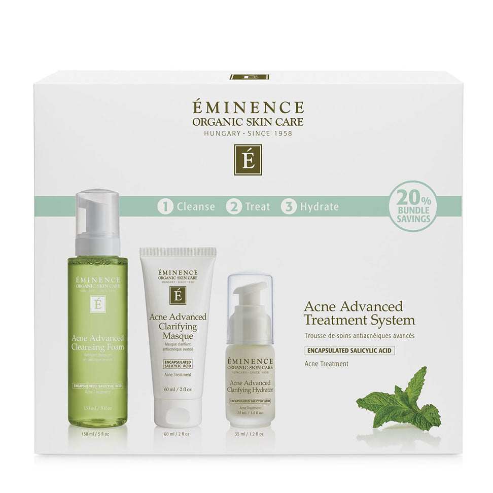 Eminence Organic Skin Care Acne Advanced Treatment System box with pictures of contents