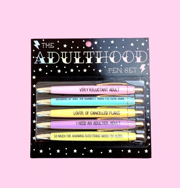Set of 5 Adulthood pens with funny phrases on blister card packaging