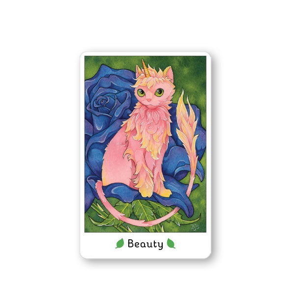 Beauty card from the Affirmations of the Fairy Cats deck features a pink unicorn kitty perched on a blue flower among green foliage