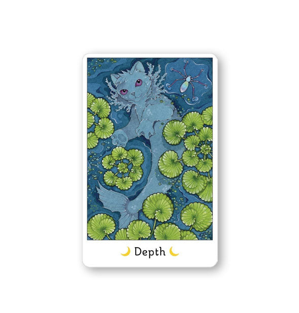 Depth card from the Affirmations of the Fairy Cats deck features illustration of an aquatic kitty surrounded by green lily pads