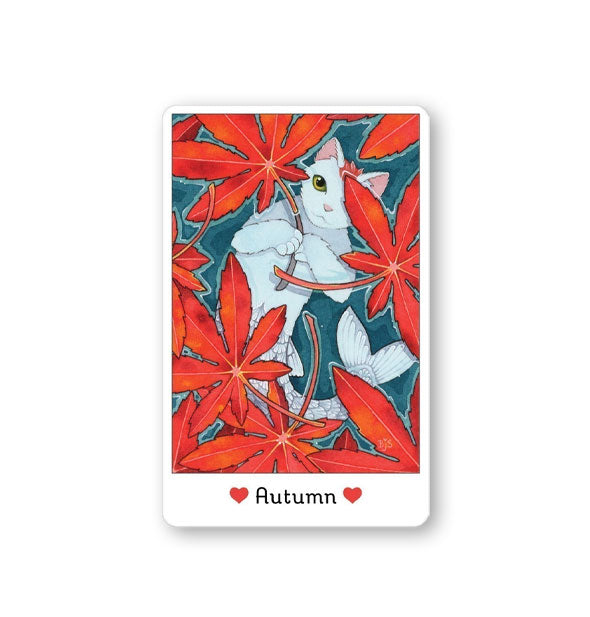 Autumn card from the Affirmations of the Fairy Cats deck features a white kitty partially hidden by red fall leaves