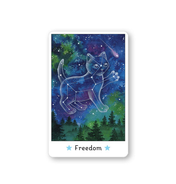 Freedom card from the Affirmations of the Fairy Cats deck features a kitty constellation with paw raised in a night sky overtop evergreens