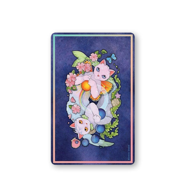 Card from the Affirmations of the Fairy Cats deck features backing design of two Piscean kitties surrounded by green leaves, pink flowers, blue butterflies, seashells, rainbows, butterfly wings, and planetary orbs