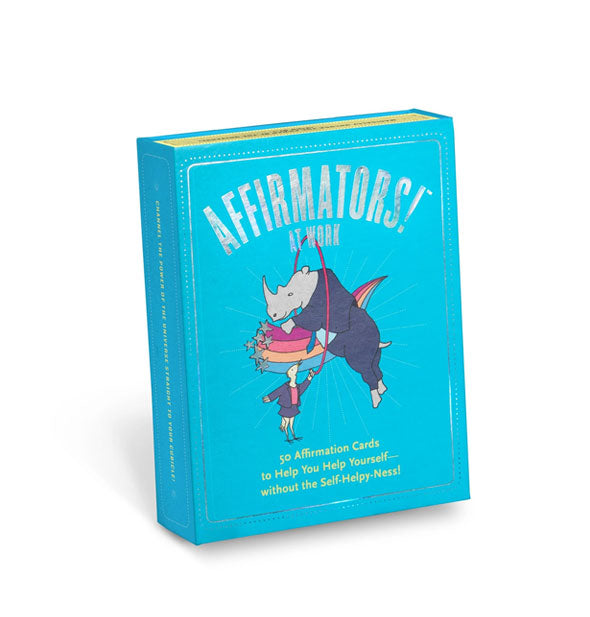 Blue Affirmators! at Work card deck box with whimsical rhinoceros illustration