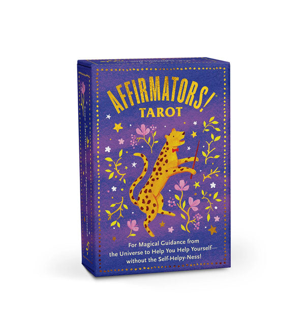 Purple Affirmators! Tarot card deck box with features a whimsical cheetah illustrations and gold accents