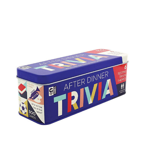 Blue rectangular After Dinner Trivia game tin with colorful lettering and graphics