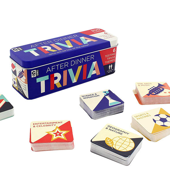 After Dinner Trivia game tin with stacks of cards from each category shown