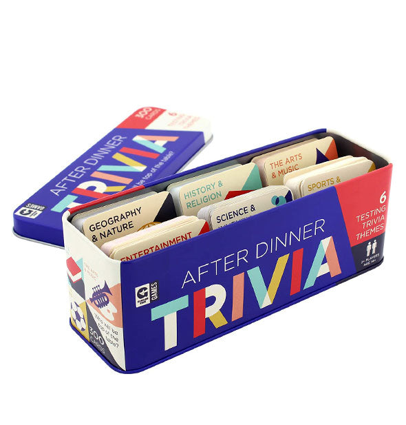 Contents of the After Dinner Trivia game tin shown with lid removed