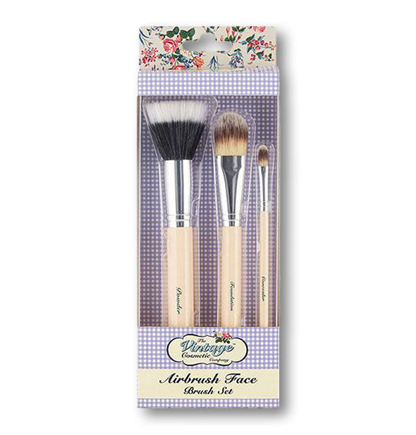 Set of three Airbrush Face makeup brushes by The Vintage Cosmetic Company in floral and gingham packaging