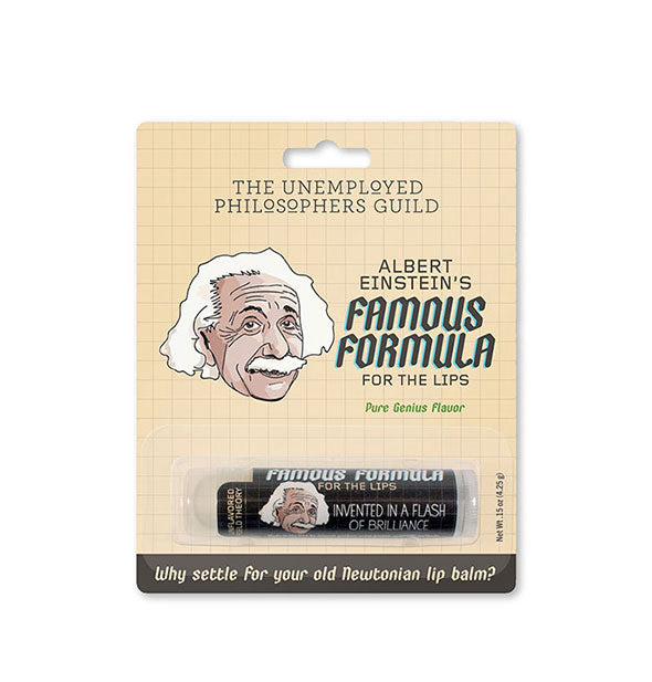 Tube of Albert Einstein's Famous Formula for the Lips lip balm by The Unemployed Philosophers Guild on blister card