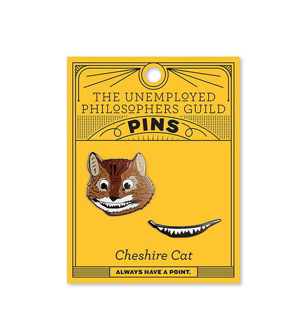 Two Cheshire Cat pins by The Unemployed Philosophers Guild on yellow product card