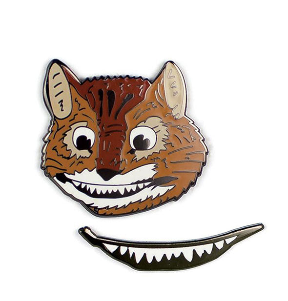Closeup of Cheshire Cat head and smile pins